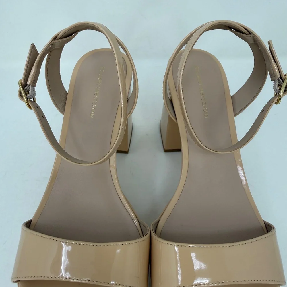 New Stuart Weitzman Gala Patent Leather Sandals Golden Beige Sz 9